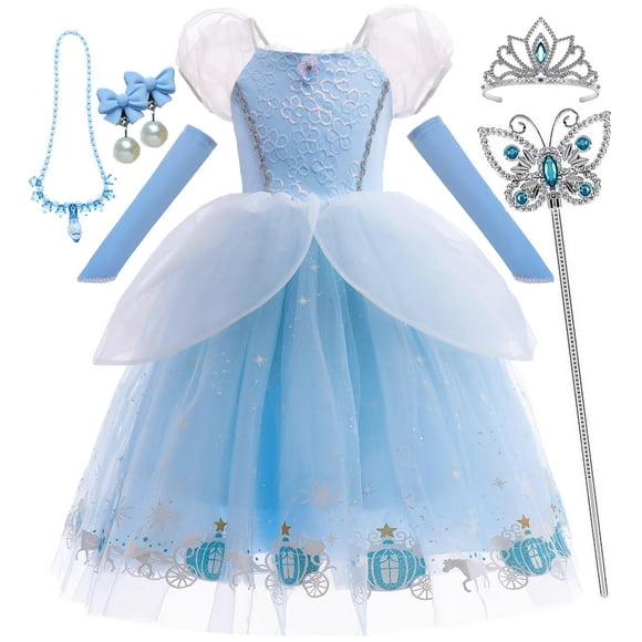 Princess Cinderella Dresses Girls Costume Party Cosplay Puffy Sleeve Blue Fancy Outfit 6-7Years