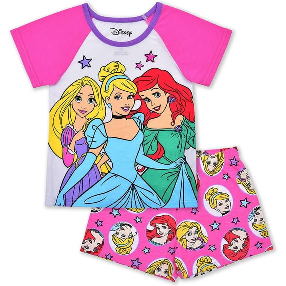Princess Cinderella, Rapunzel and Ariel Girls 2 Piece Short Set (Loungewear Style), 4-6X