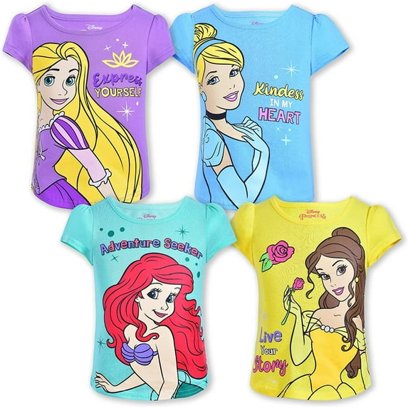 Princess Cinderella, Rapunzel and Ariel Girls 4 Pack Character Short Sleeve Tees, Toddler