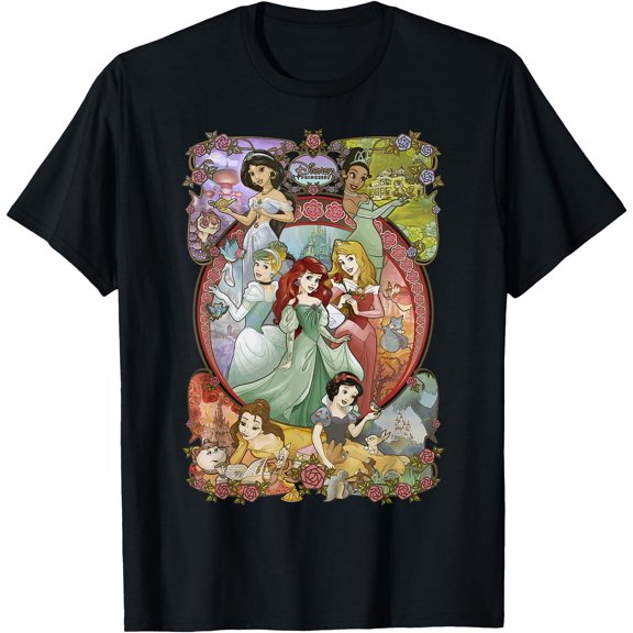 Princess Classic Cartoon Group Collage DTG Print Unisex T-Shirt,Black Color,Size M