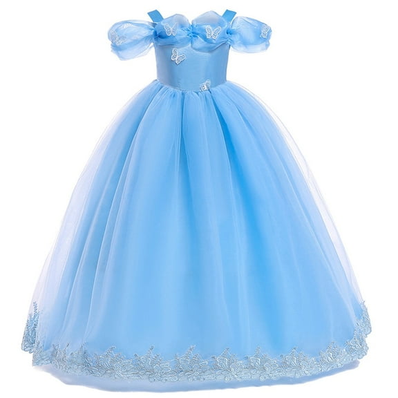 KAWELL Blue Princess Costume Girls Halloween Party Fancy Butterfly Dress with Classic Off Shoulder for Kids, Girls 7-8 Years