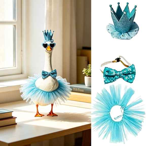 Princess Costume Set for 23-inch Goose Statue, 4-Piece Glitter Crown, Sunglasses, Bow and Skirt Outfit for Birthday Party Decor