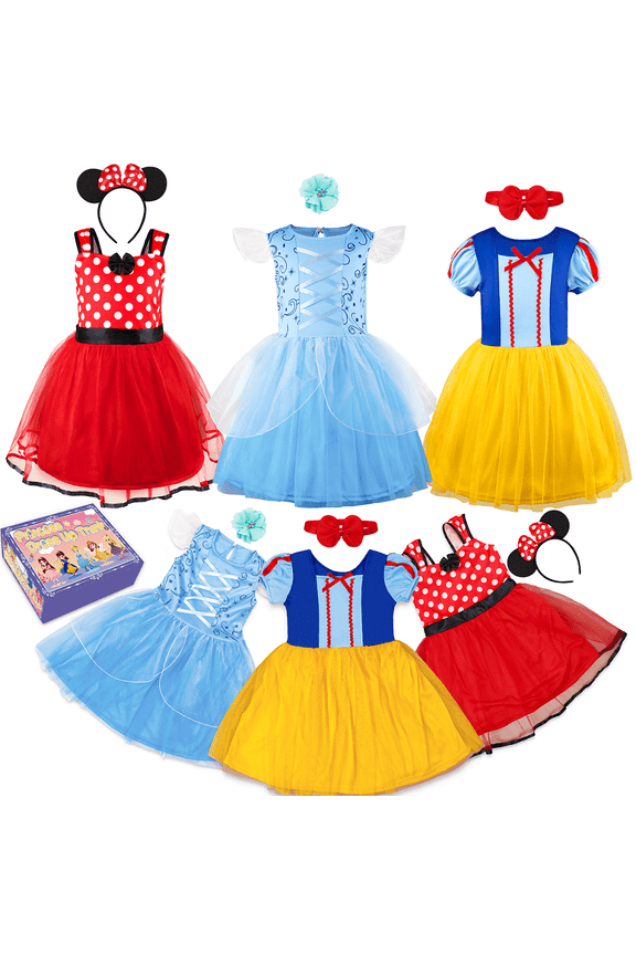 Princess Costume Trunk for Toddler Girls, 6 Pcs Fancy Dresses Outfit for Girls Fancy Dress Up Birthday 3-4 Years