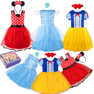 Princess Costume Trunk for Toddlers, 6 Pcs Fancy Dresses Tutu Outfit for Little Kids Girls Fancy Dress Up Birthday 2 Years