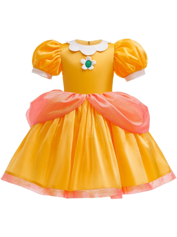 Princess Costume for Girls Cosplay Puff Sleeve Layered Costume for Little Girl Halloween Cosplay Birthday Outfit Yellow (3-10T)