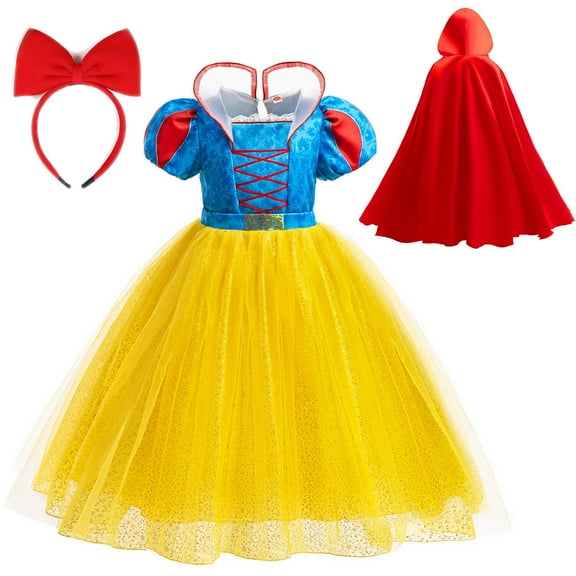 Princess Costume for Girls Halloween Cosplay Snow Dress Up with Cape&Headband, Yellow, 3-4T