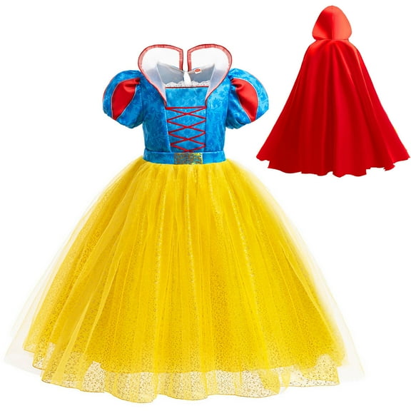 Princess Costume for Girls Halloween Cosplay Snow Dress Up with Cape, Yellow, 6-7