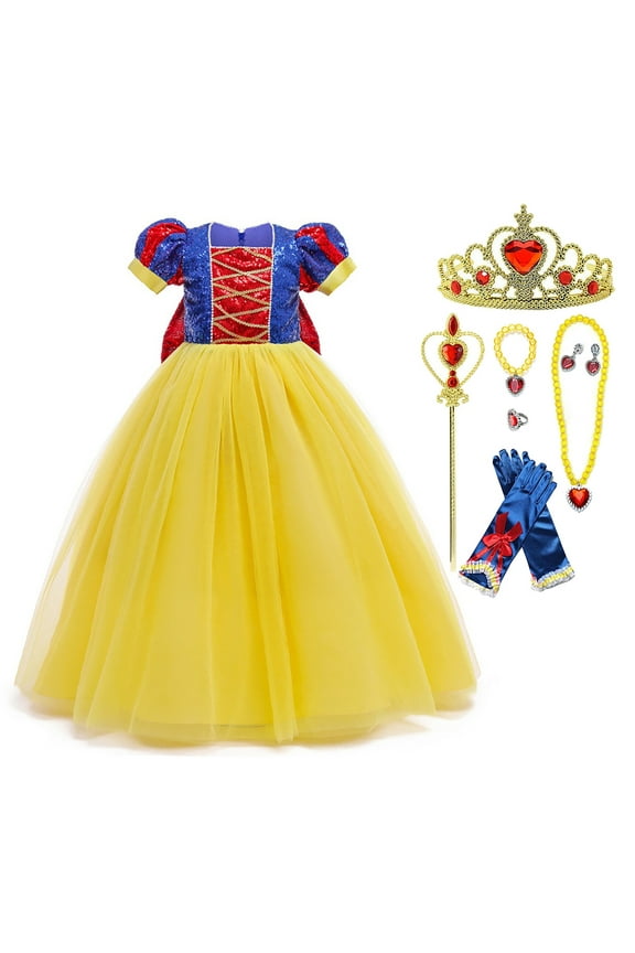 Princess Costume with Accessories for Little Girls Halloween Dress up Toddler Birthday Party Fancy Dresses 3-10 Years