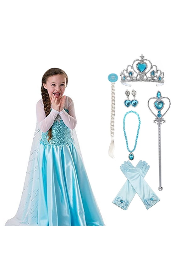 Princess Costumes Birthday Dress up for Little Girls with Crown,Wig,Gloves Accessories,Child 5