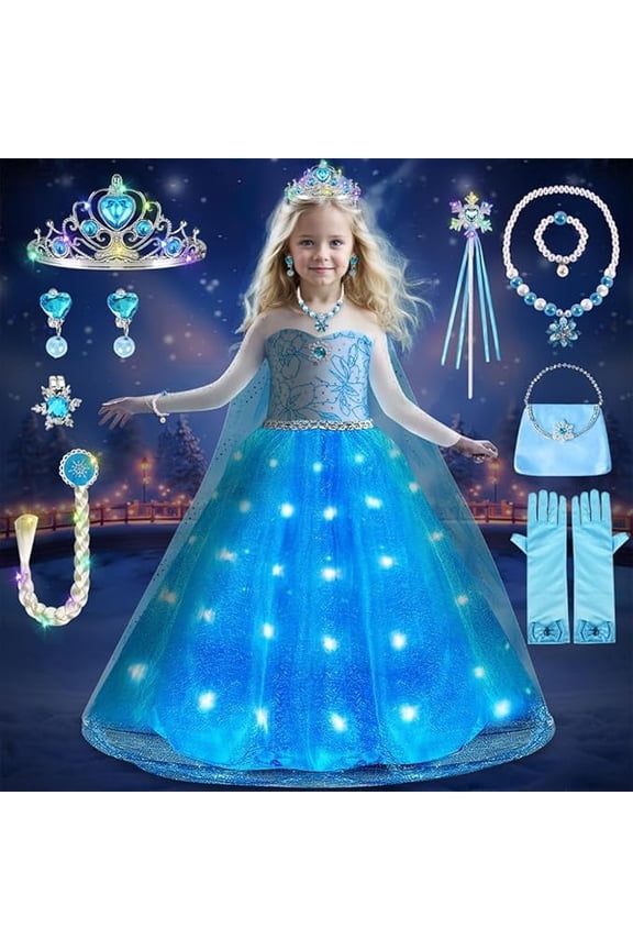 Princess Costumes for Girls, LED Light Up Dress Up with Luminous Crown Necklace Sets, Blue Costume Kids Fancy Dress for Carnival Party, 120