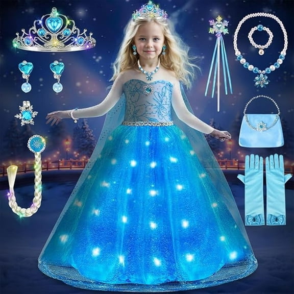 Princess Costumes for Girls, LED Light Up Dress Up with Luminous Crown Necklace Sets, Blue Costume Kids Fancy Dress for Carnival Party, 130