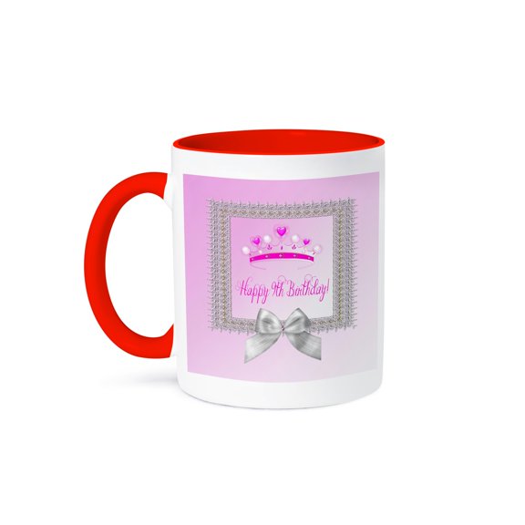 3drose, Princess Crown Beautiful Silver Frame, White Bow, Happy 9th Birthday, 11oz Two-tone Red Mug