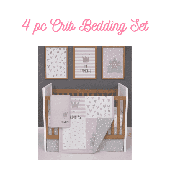 Manhattan Kids My Princess Crown Nursery Bedding Set for Baby Girls | 4-Piece Crib Sheet & Nursery Décor Set | Soft Pink Princess Theme