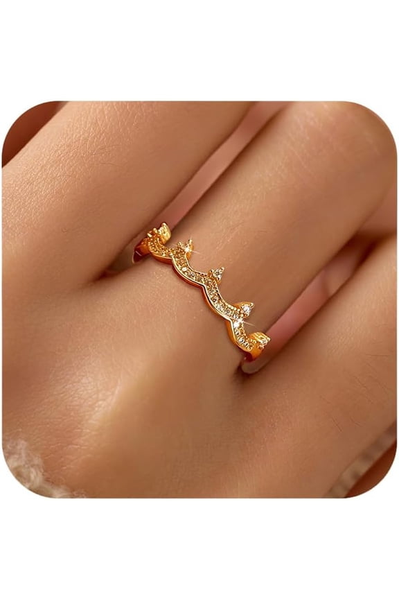 Princess Crown Rings for Women 14K Gold Plated Cubic Zirconia Crown Tiara Wedding Band Ring Stackable Queen Statement Ring Jewelry Birthday Wedding Gifts to Daughter Sister