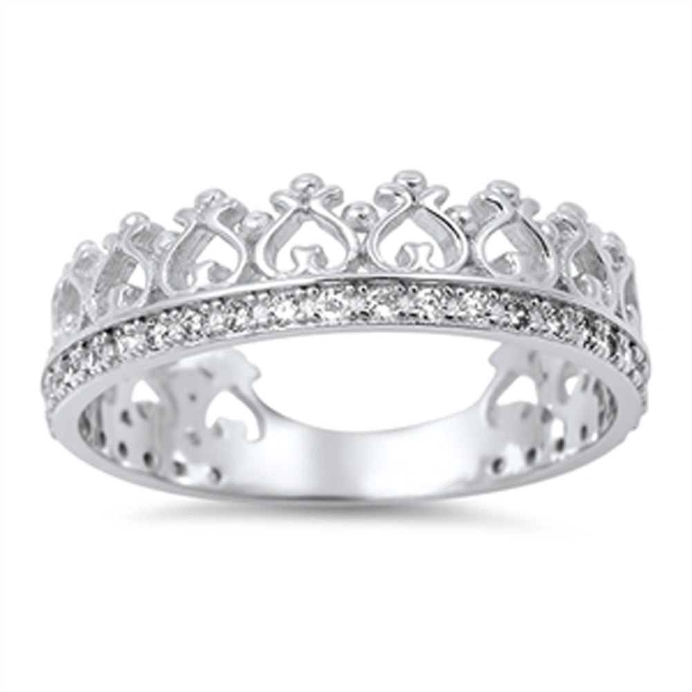 Princess Crown Tiara Clear CZ Love Ring .925 Sterling Silver Band White ...