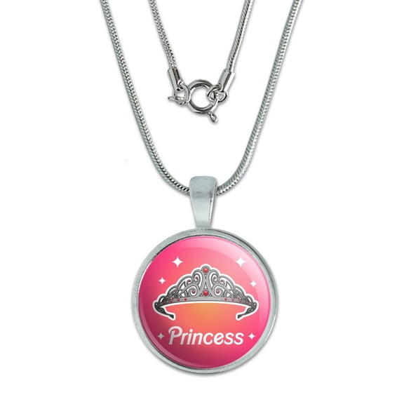 Princess Crown Tiara Pink Background 0.75" Pendant with Sterling Silver Plated Chain