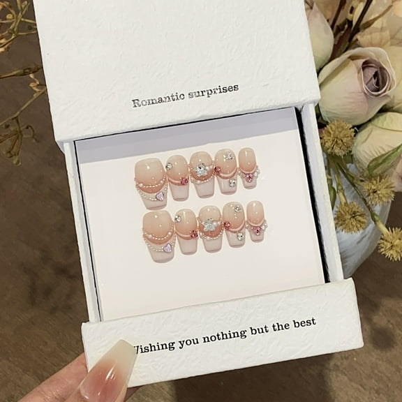 Princess Crystal French Tip Handmade Press on Nails for Women Wedding Elegant Classy Medium Coffin Light Pink Fake Nails