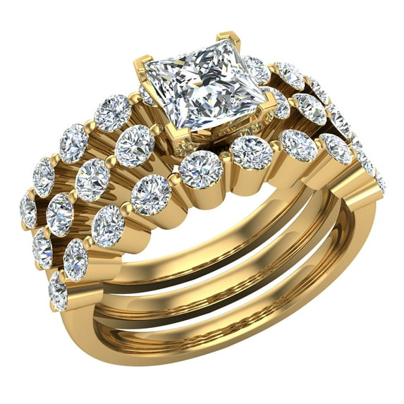 Princess Cut 2.10 CT Shared-Prong setting Band Wedding Bridal Ring Set 14K Gold