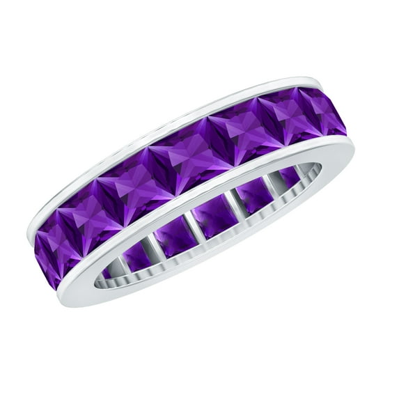 Rosec Jewels Princess Cut Amethyst Eternity Ring for Women in Channel Setting (AAA Grade), 10K White Gold, US 5.50
