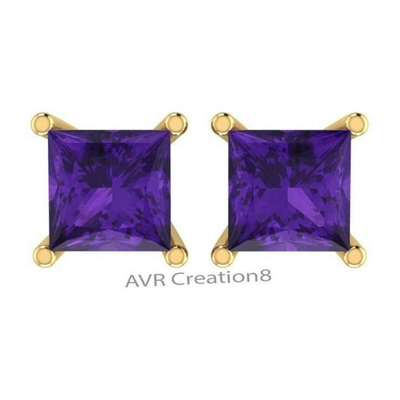 Princess Cut Amethyst Stud Earrings, 14K Yellow Gold Plated February Birthstone Jewelry Gift for Women