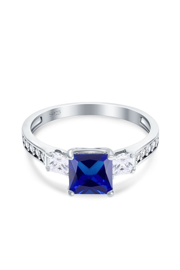 Princess Cut Art Deco Ring Blue Sapphire CZ 925 Sterling Silver Size 7