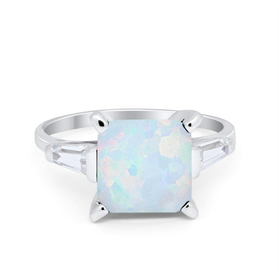 Princess Cut Baguette Ring Lab Created White Opal 925 Sterling Silver Size 6