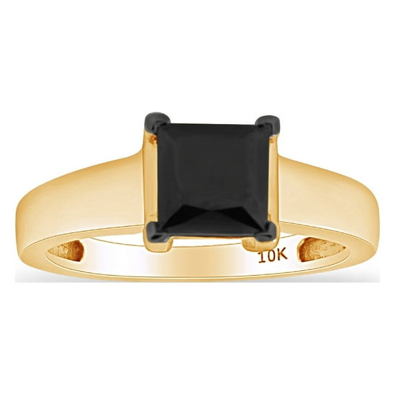 AFFY Princess Cut Black Natural Diamond Solitaire Ring in 10k Yellow Gold