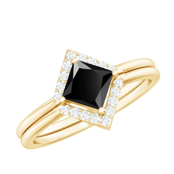 Rosec Jewels Real Black Onyx Diamond Wedding Ring Set of 2 - Princess Cut Engagement Ring with Enhancer - AAA Quality, 14K Yellow Gold, US 11.50