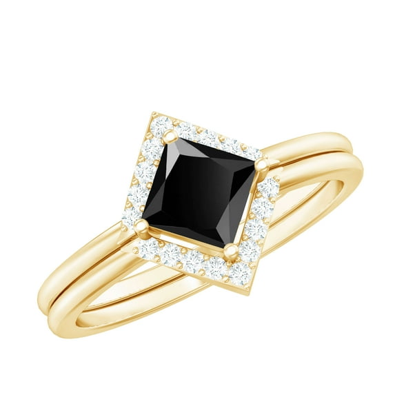 Rosec Jewels Real Black Onyx Diamond Wedding Ring Set of 2 - Princess Cut Engagement Ring with Enhancer - AAA Quality, 14K Yellow Gold, US 6.50