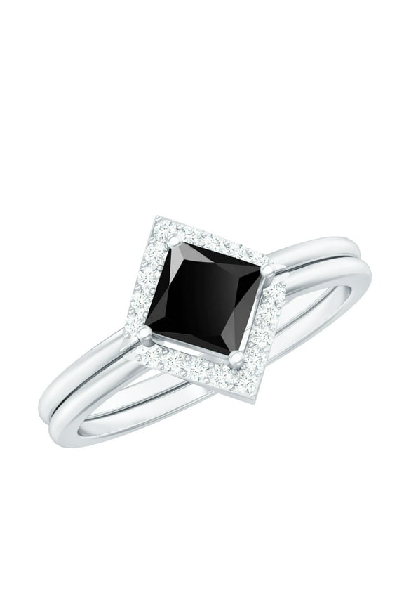 Real Black Onyx Diamond Wedding Ring Set of 2 - Princess Cut Engagement Ring with Enhancer - AAA Quality, 925 Sterling Silver, US 6.00