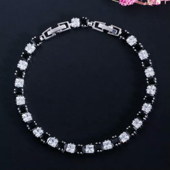 Princess Cut Black White Cubic Zircon Stone Square Women Tennis Bangle Bracelet