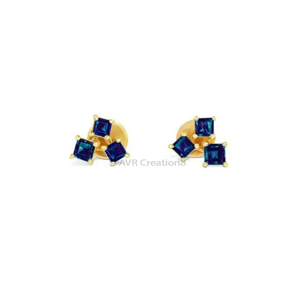 Princess Cut Blue Sapphire Stud Earrings, 14K Yellow Gold Plated September Birthstone Jewelry Gift for Women