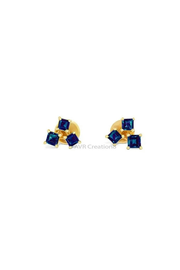 Princess Cut Blue Sapphire Stud Earrings, 14K Yellow Gold Plated September Birthstone Jewelry Gift for Women