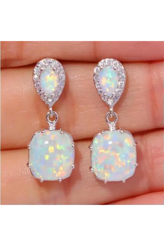 Princess Cut Blue/White Opal Ear Studs Womens White Gold Filled Wedding Earrings