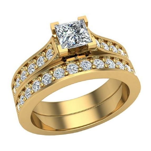 Princess Cut Cathedral Accented Diamond Wedding Ring Set 1.10 CTW 14K Gold