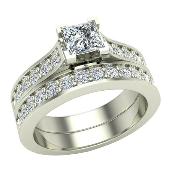 Princess Cut Cathedral Accented Diamond Wedding Ring Set 1.10 CTW 14K White Gold ( G , I1 )