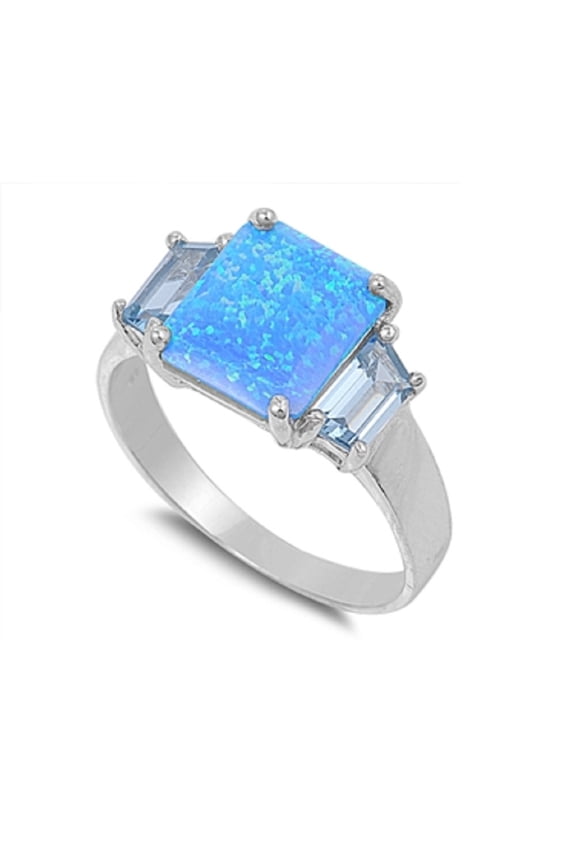 Princess Cut Center Blue Simulated Opal Ring Sterling Silver Size 8