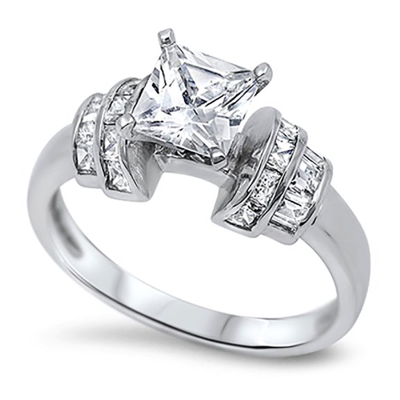 Princess Cut Center Cubic Zirconia Ring Sterling Silver 925 Size 8