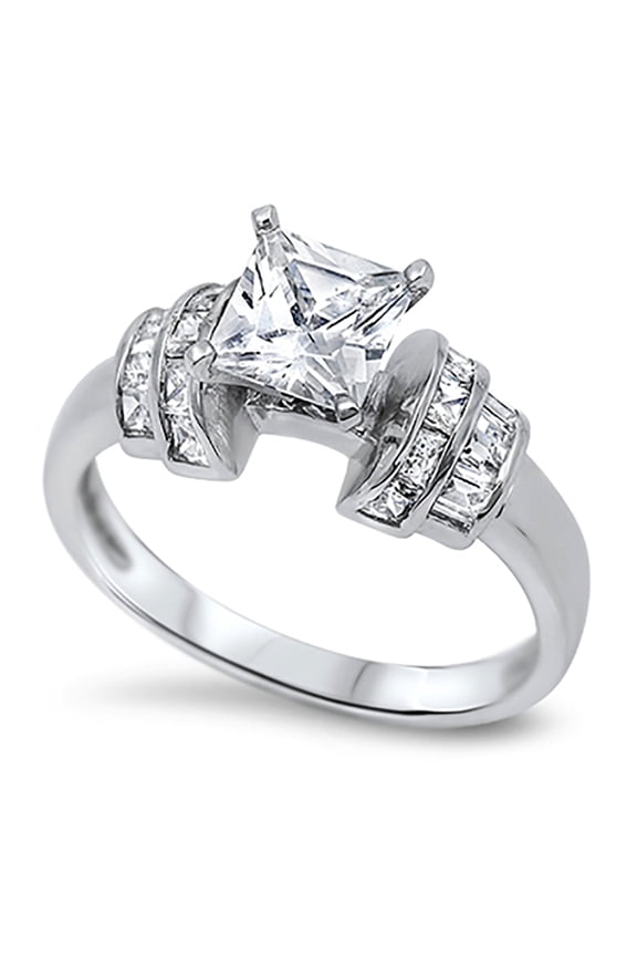 Princess Cut Center Cubic Zirconia Ring Sterling Silver 925 Size 8