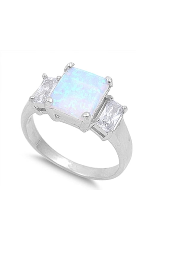 Princess Cut Center Light Green Simulated Opal Ring Sterling Silver Size 6