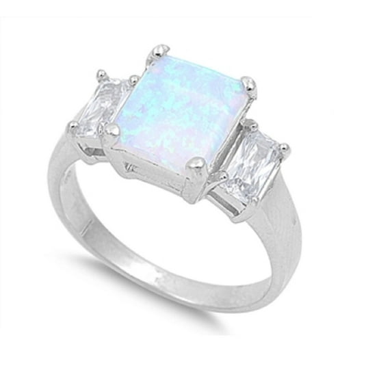 Princess Cut Center Light Green Simulated Opal Ring Sterling Silver Size 6