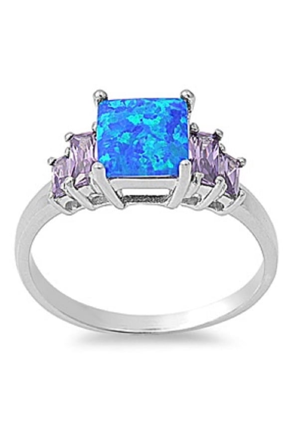 Princess Cut Center Simulated Amethyst Cubic Zirconia Blue Simulated Opal Ring Sterling Silver