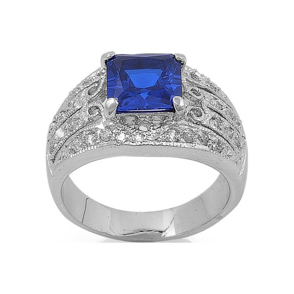 Princess Cut Center Simulated Sapphire Cubic Zirconia Ring Sterling Silver 925