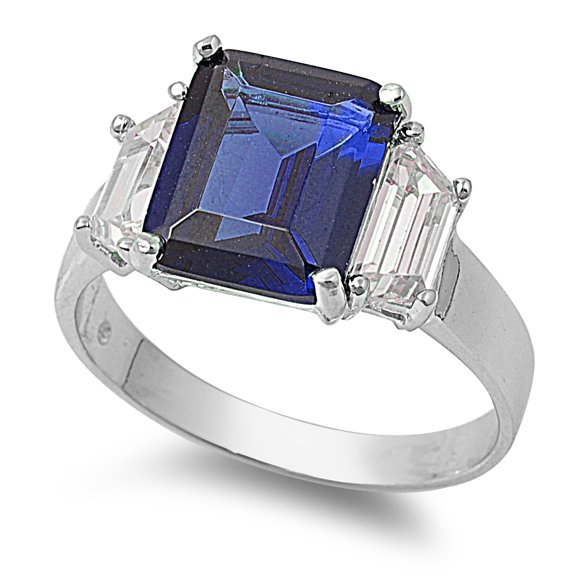 Princess Cut Center Simulated Sapphire Cubic Zirconia Ring Sterling Silver 925