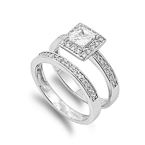Princess Cut Center with Round Stones Cubic Zirconia Wedding Set Ring Sterling Silver 925