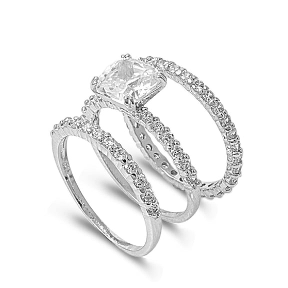 Princess Cut Center with Round Stones Cubic Zirconia Wedding Set Ring Sterling Silver 925