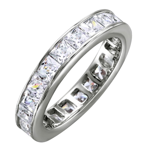 Princess Cut Channel Set Clear Cubic Zirconia Eternity Ring Rhodium Plated Sterling Silver Size 5