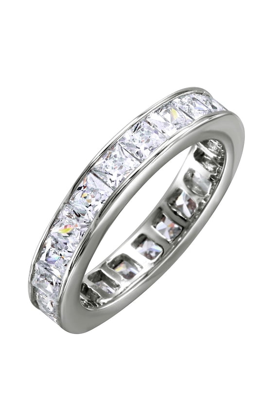 Princess Cut Channel Set Clear Cubic Zirconia Eternity Ring Rhodium Plated Sterling Silver Size 5