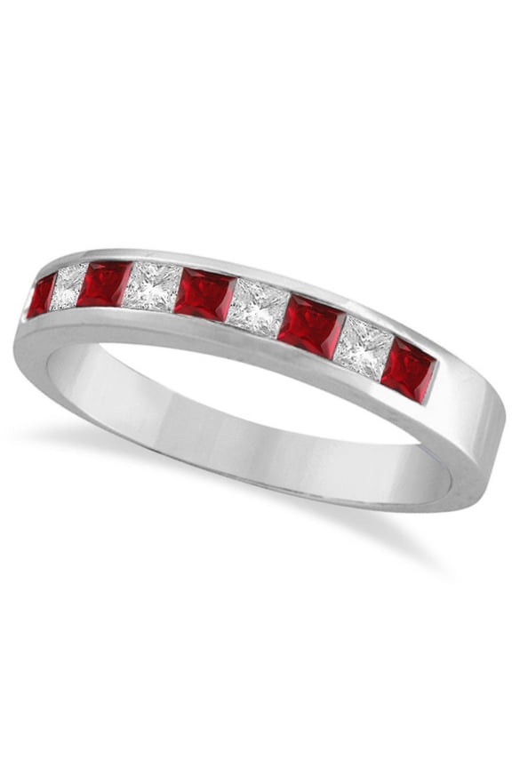 Princess-Cut Channel-Set Diamond and Ruby Ring Band 14k White Gold