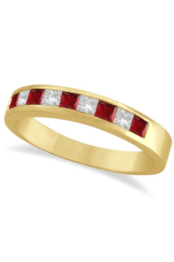 Princess-Cut Channel-Set Diamond and Ruby Ring Band 14k Yellow Gold